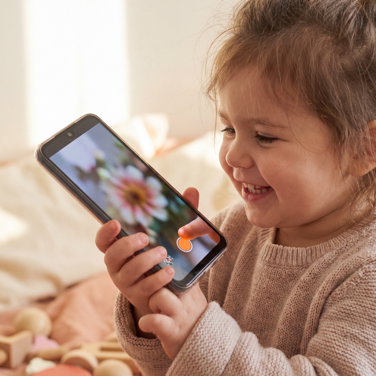 宝宝双手抱着手机按右侧的大快门